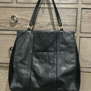 Margot Leather and Suede Large Black Purse With Tassel and Gold Accents, Pockets
